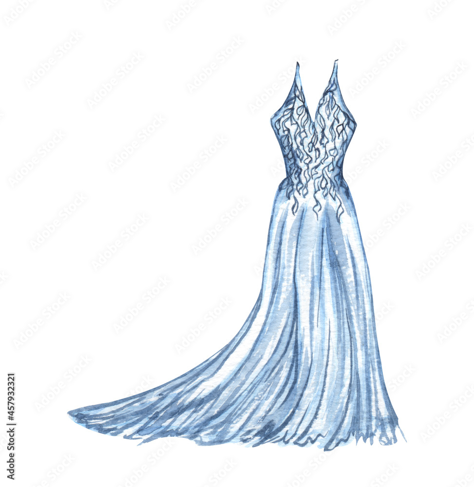 watercolor Wedding dress illustration. tender wedding clothe in light blue color watercolor Wedding dress illustration. tender wedding clothe in light blue color