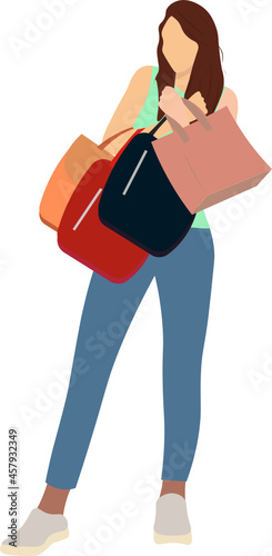mujer de compras, joven con varios bolsos, fondo transparente