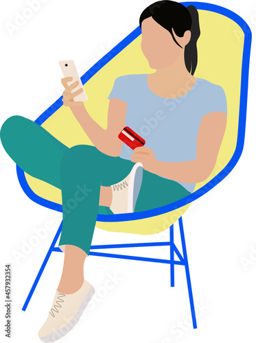 Mujer sentada en sillón usando su celular y tarjeta de crédito, fondo transparente