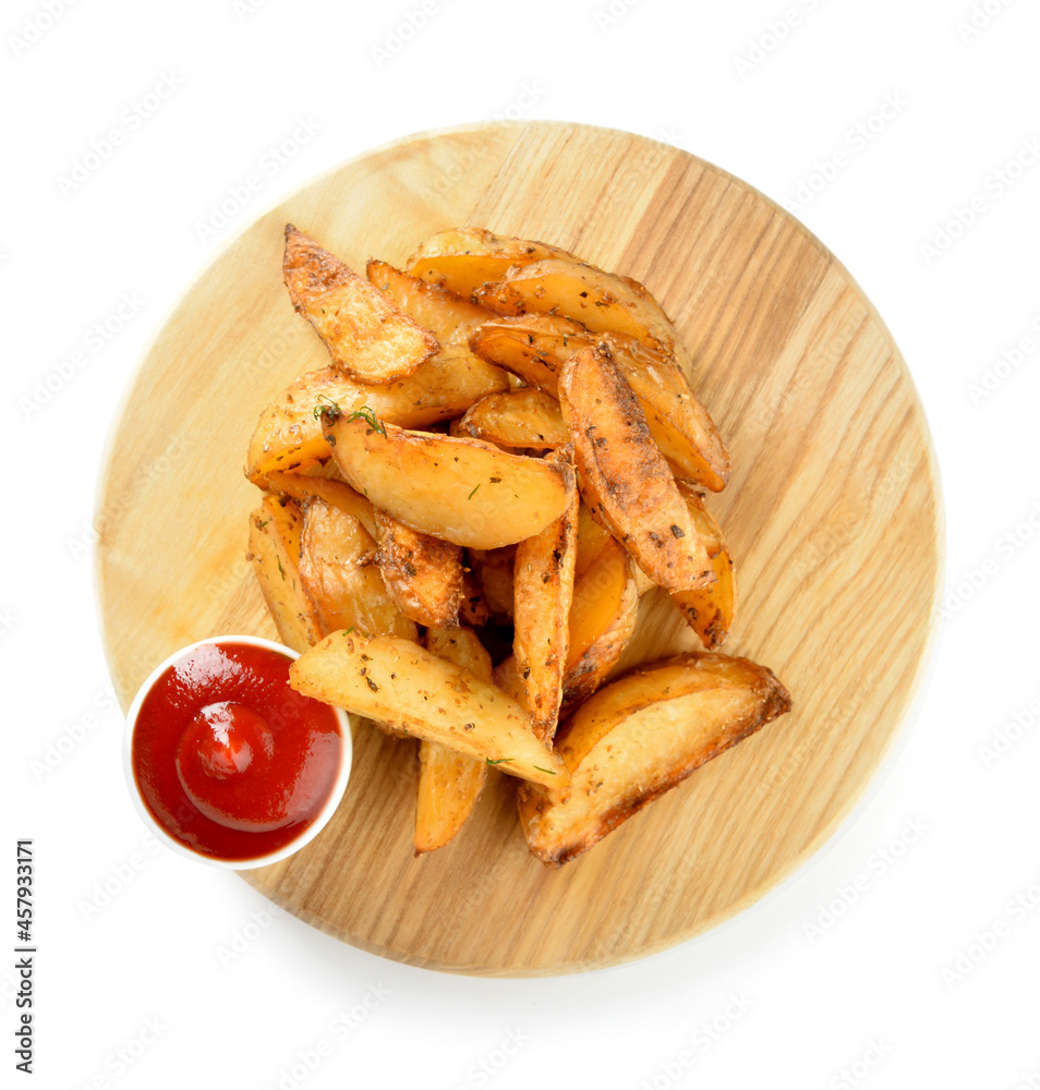 Wooden board with tasty baked potato and tomato sauce on white background Wooden board with tasty baked potato and tomato sauce on white background