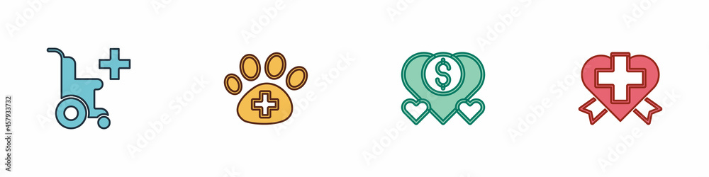 Set Wheelchair for disabled person, Veterinary clinic, Donation and charity and Heart with cross icon. Vector Set Wheelchair for disabled person, Veterinary clinic, Donation and charity and Heart with cross icon. Vector