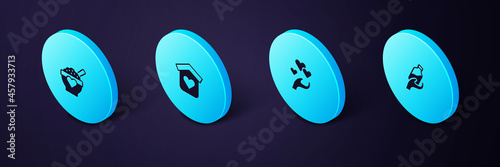 Set Isometric Donation water, Heart in hand, Shelter for homeless and food icon. Vector