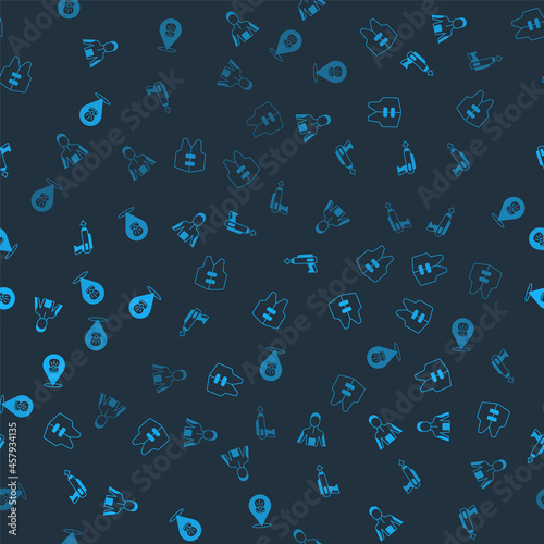 Set Wetsuit for scuba diving, Life jacket, Fishing harpoon and Scallop sea shell on seamless pattern. Vector