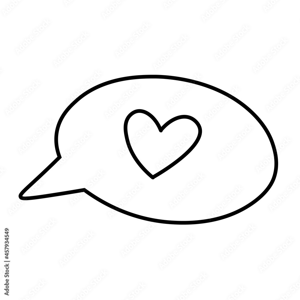 Talk bubble with heart inside. Heart in round speech line icon. Heart sign symbol. Vector illustration in doodle style isolated on white background. Talk bubble with heart inside. Heart in round speech line icon. Heart sign symbol. Vector illustration in doodle style isolated on white background.