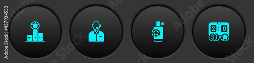 Set Award over sports winner podium, Football soccer commentator, Air horn and betting money icon. Vector