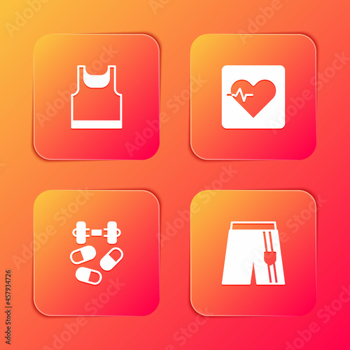 Set Sleeveless t-shirt, Heart rate, Sports doping with dumbbell and Short pants icon. Vector