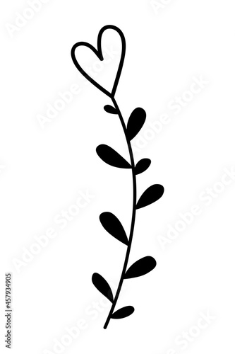 Hand drawn branch with heart. Floral design element for wedding, holiday, postcard, logo, icon. Vector illustration in doodle style isolated on white background.