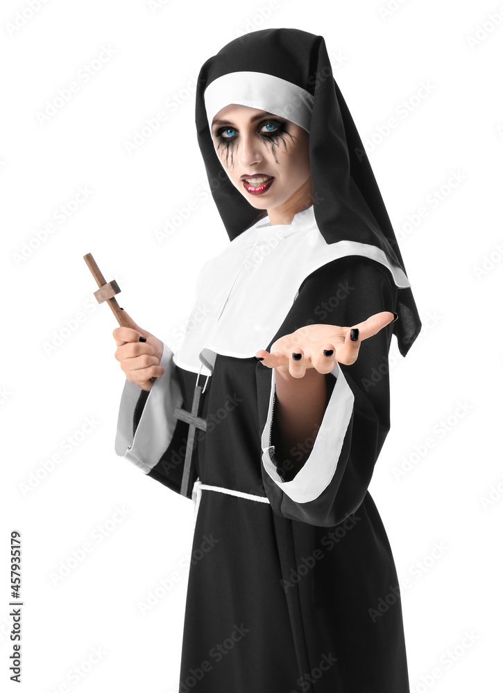 Woman dressed for Halloween as nun on white background Woman dressed for Halloween as nun on white background