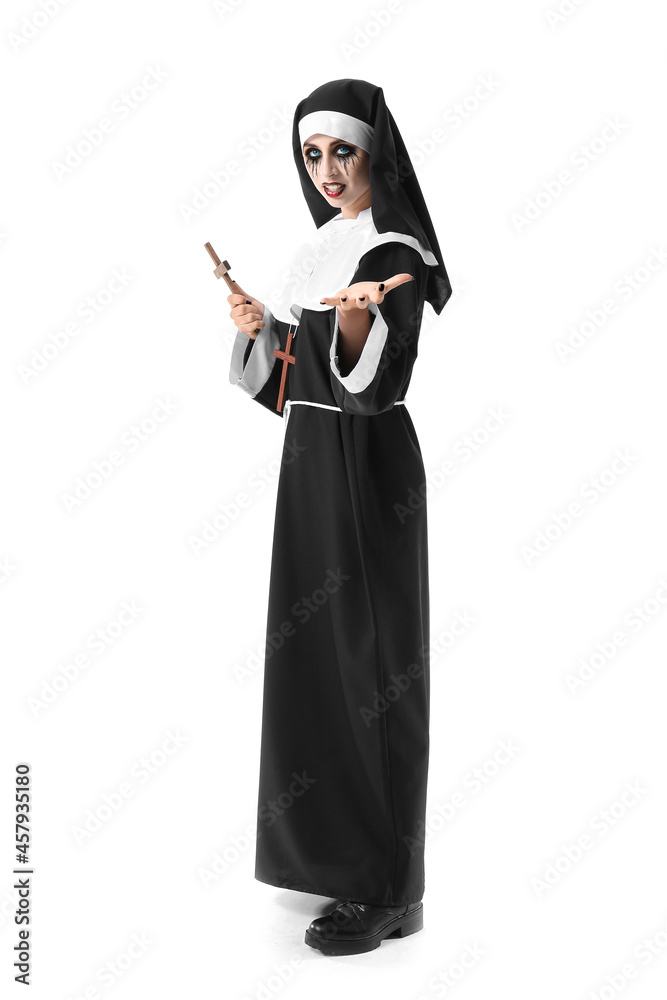 Woman dressed for Halloween as nun on white background Woman dressed for Halloween as nun on white background