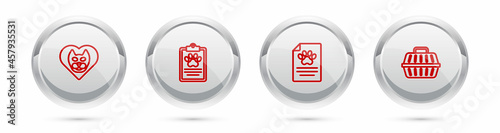 Set line Heart with cat, Clinical record pet, and Pet carry case. Silver circle button. Vector