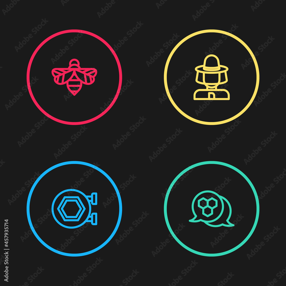 Set line Hanging sign with honeycomb, Honeycomb, Beekeeper protect hat and icon. Vector Set line Hanging sign with honeycomb, Honeycomb, Beekeeper protect hat and icon. Vector