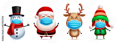 Christmas characters in facemask vector set. Santa claus, elf, snowman and reindeer 3d friendly characters wearing mask for xmas covid-19 safety design. Vector illustration.
