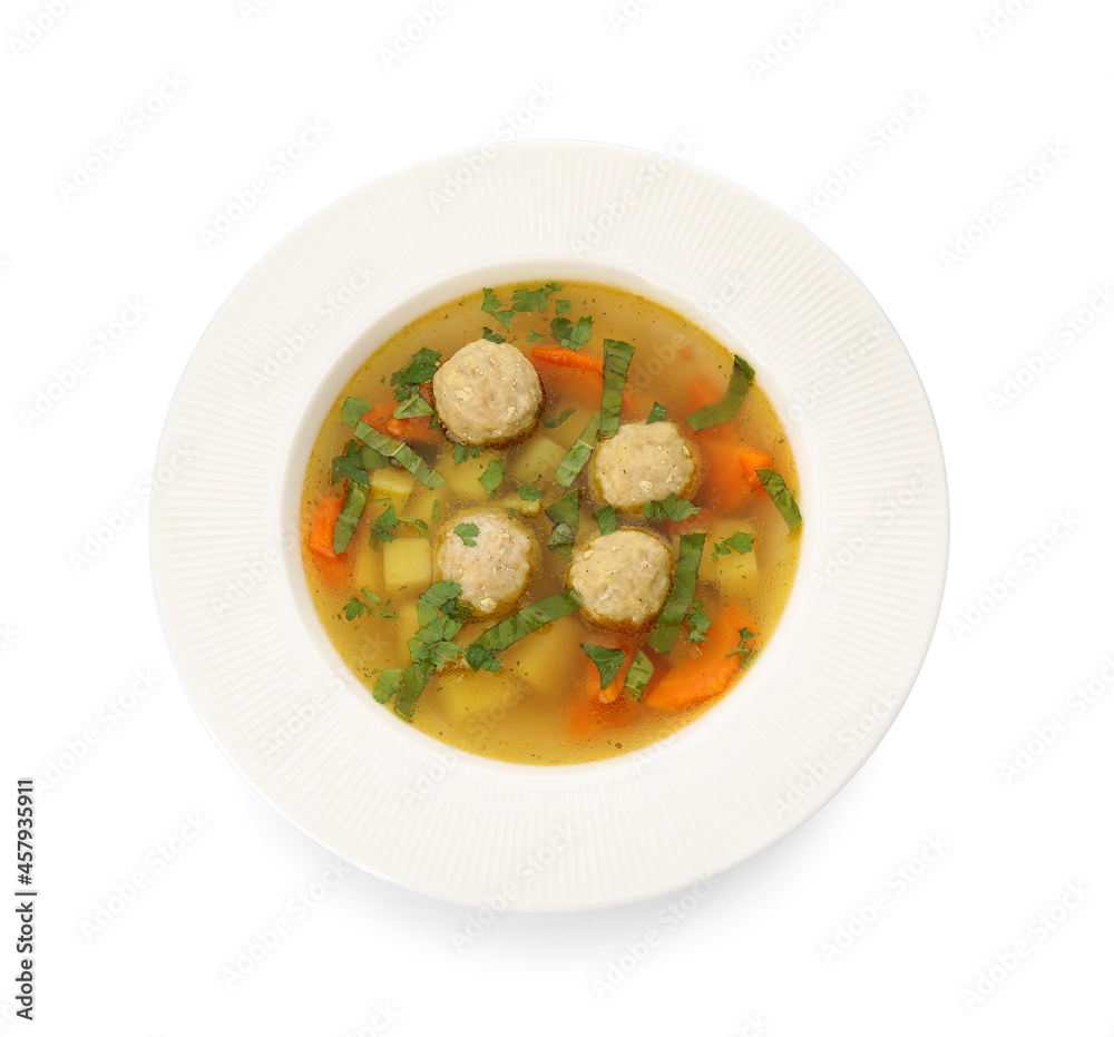Bowl with tasty meatball soup on white background Bowl with tasty meatball soup on white background