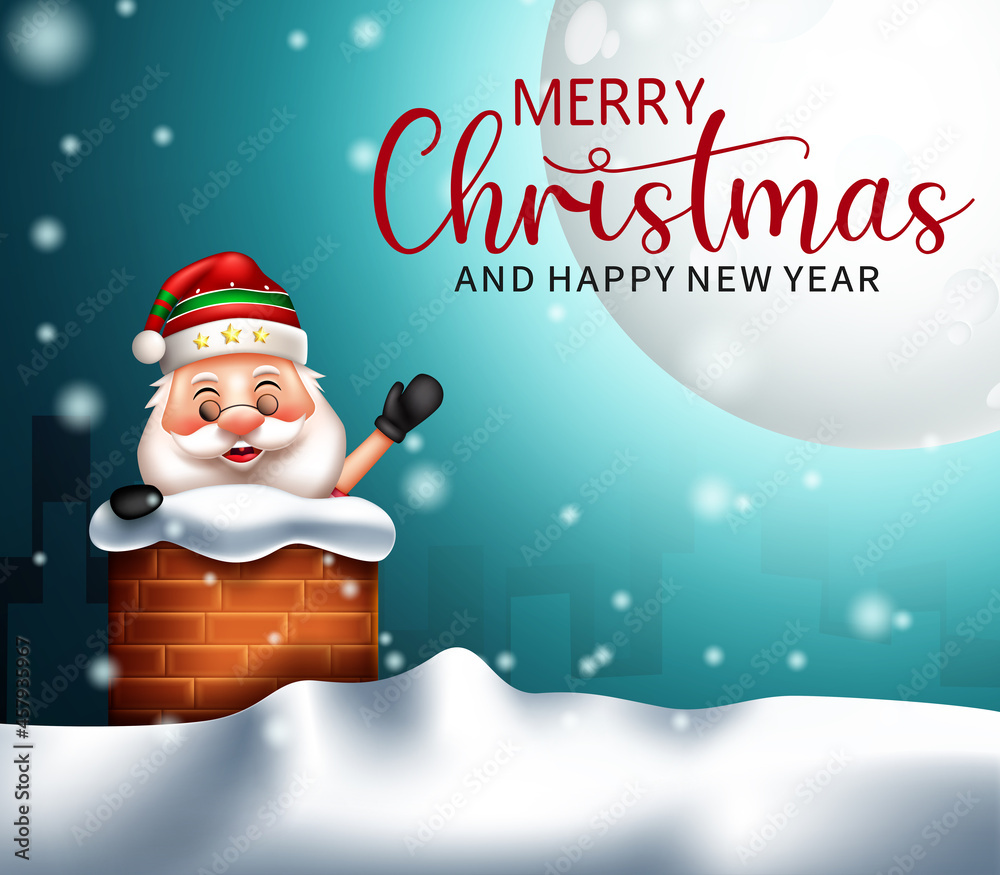 Merry christmas santa vector background design. Merry christmas greeting text with friendly santa claus character waving in roof chimney for xmas eve happy holiday celebration. Vector illustration. Stock Vector | Adobe Stock Merry christmas santa vector background design. Merry christmas greeting text with friendly santa claus character waving in roof chimney for xmas eve happy holiday celebration. Vector illustration. Stock Vector | Adobe Stock