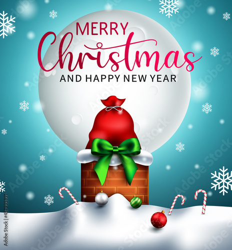 Christmas eve gifts vector design. Merry christmas text with red sack bag in snowy roof chimney for xmas surprise and holiday gift giving season celebration. Vector illustration.
