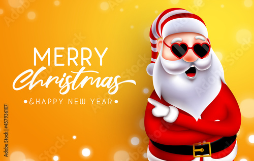 Merry christmas greeting vector design. Merry christmas text with 3d cool santa claus character wearing heart sunglasses for happy xmas holiday season celebration. Vector illustration.
