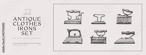 Set of hand-drawn irons of different shapes on a light background. Vector illustration in vintage style.