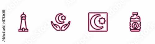Set line Mosque tower or minaret, Star and crescent, and Bottle of water icon. Vector