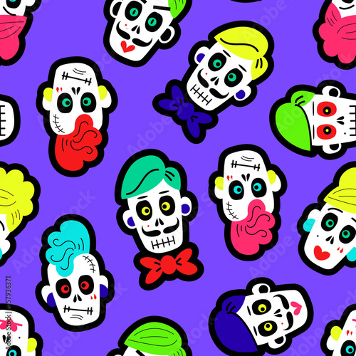 Seamless pattern with colorful funny skulls