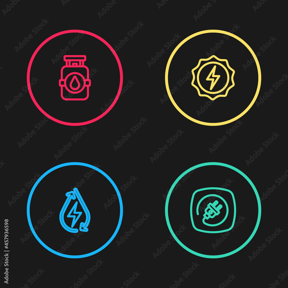 Set line Water energy, Electric plug, Lightning bolt and Propane gas tank icon. Vector Set line Water energy, Electric plug, Lightning bolt and Propane gas tank icon. Vector