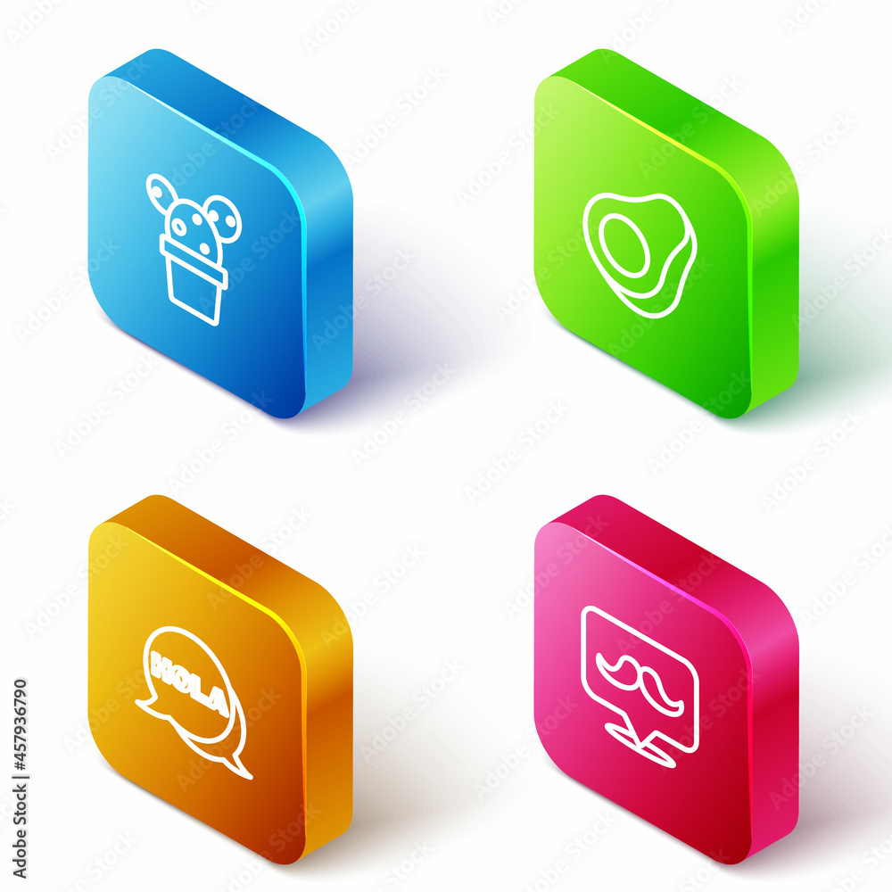 Set Isometric line Cactus or succulent in pot, Avocado fruit, Hola and Mustache icon. Vector Set Isometric line Cactus or succulent in pot, Avocado fruit, Hola and Mustache icon. Vector