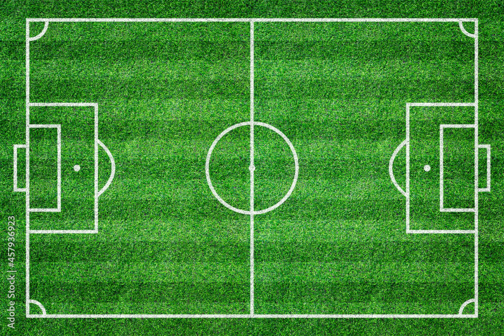 Striped grass soccer or football field. Green lawn court for sport background. Top view