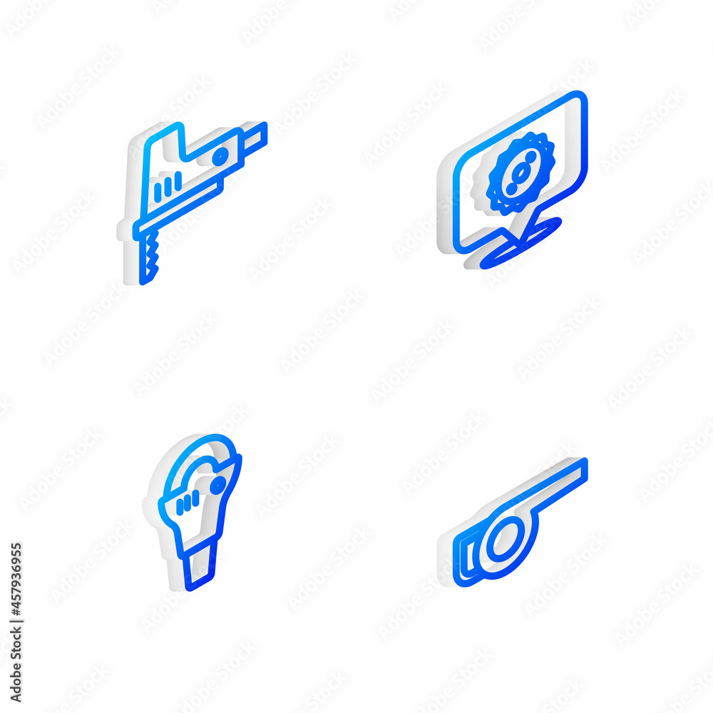 Set Isometric line Circular saw blade, Electric jigsaw, Angle grinder and Leaf garden blower icon. Vector Set Isometric line Circular saw blade, Electric jigsaw, Angle grinder and Leaf garden blower icon. Vector