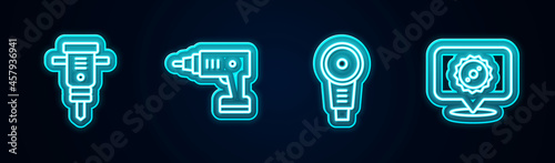Set line Construction jackhammer, Electric cordless screwdriver, Angle grinder and Circular saw blade. Glowing neon icon. Vector