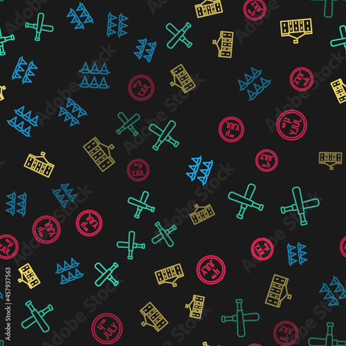 Set line Carnival garland with flags, Crossed baseball bat, United States Capitol Congress and Calendar date July 4 on seamless pattern. Vector