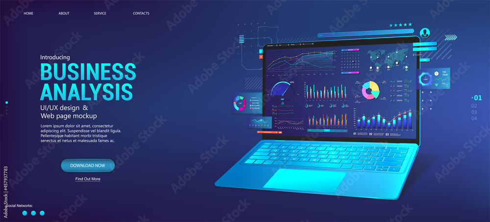Business dashboard with analysis and analytics online through the application on a laptop. Investment and financial management with deep data analytics on dashboard app. Trade and finance management - obrazy, fototapety, plakaty 