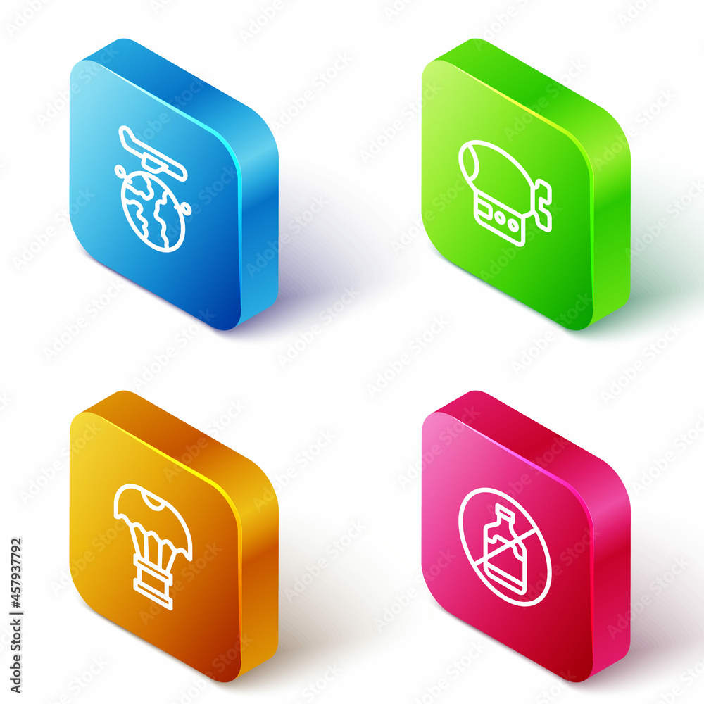 Set Isometric line Globe with flying plane, Airship, Box on parachute and No alcohol icon. Vector Set Isometric line Globe with flying plane, Airship, Box on parachute and No alcohol icon. Vector