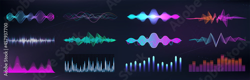 Audio waves set, colorful digital equalizer. Futuristic set HUD music waves. Frequency audio waveform, voice chart, sound recognition, voice graph. Microphone audio, music equalizer collection. Vector