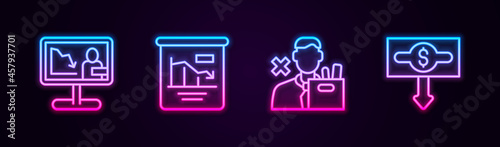 Set line Global economic crisis news, Pie chart infographic, Employee dismissal and Dollar rate decrease. Glowing neon icon. Vector © vector_v