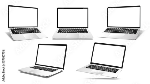 Open 3D mockup laptops in different positions - front view, perspective and isometric. Great set Mockups in realistic style with blank screen and shadow. Notebook template for presentation. Vector set