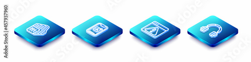 Set Isometric line Processor, Mobile Apps, Browser with exclamation mark and Headphones icon. Vector