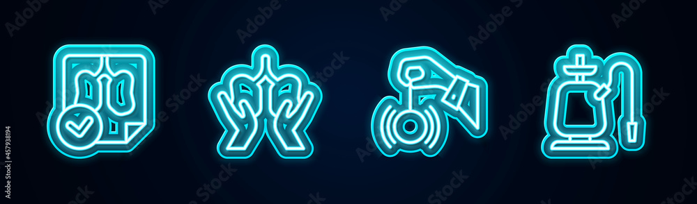Set line Lungs x-ray diagnostics, , Hypnosis and Hookah. Glowing neon icon. Vector Set line Lungs x-ray diagnostics, , Hypnosis and Hookah. Glowing neon icon. Vector