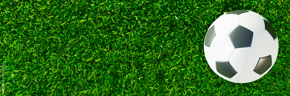 Obraz premium Top View Realistic soccer ball or football ball basic pattern on green grass field with sunlight and sunshine. 3d Style and rendering concept for game. Use for background or wallpaper.