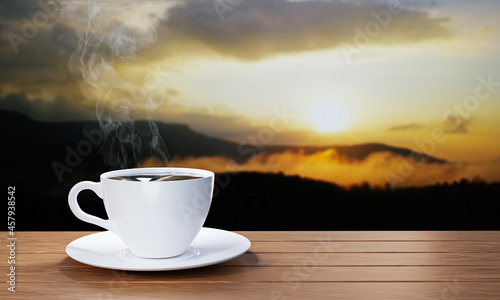 Black coffee In a white coffee mug there is smoke or white steam rising up. Hot espresso on a wooden table for breakfast The background is a mountain scenery. The morning sun is rising. 3D rendering