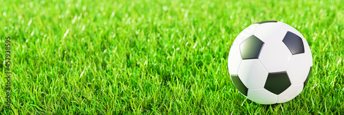 Realistic soccer ball or football ball basic pattern on green grass field with sunlight and sunshine. 3d Style and rendering concept for game. Use for background or wallpaper.