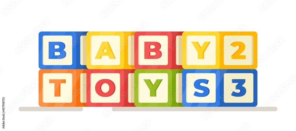 Vector illustration of baby toys. Cubes with letters and numbers isolated on white background. Bright and colorful developing cubes