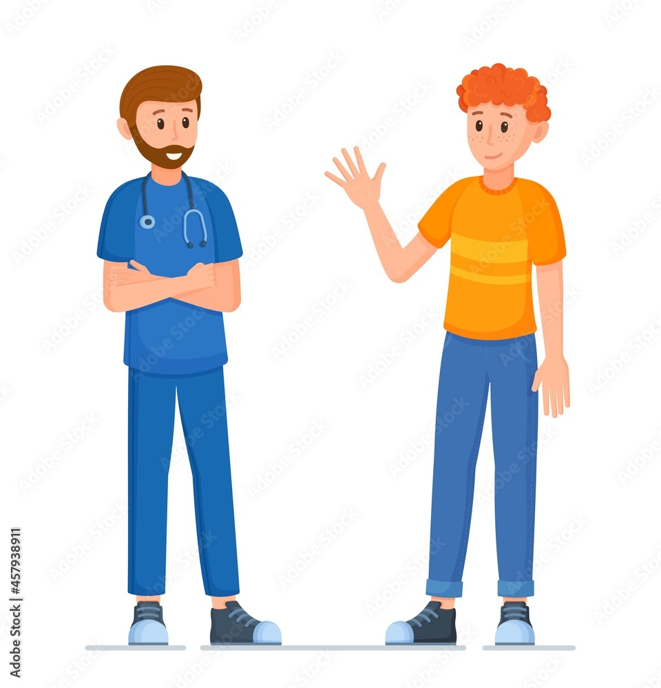 Vector illustration of doctor and patient. Concept of medicine with a male practitioner and a young male patient in a hospital. Two people talking standing full-length.