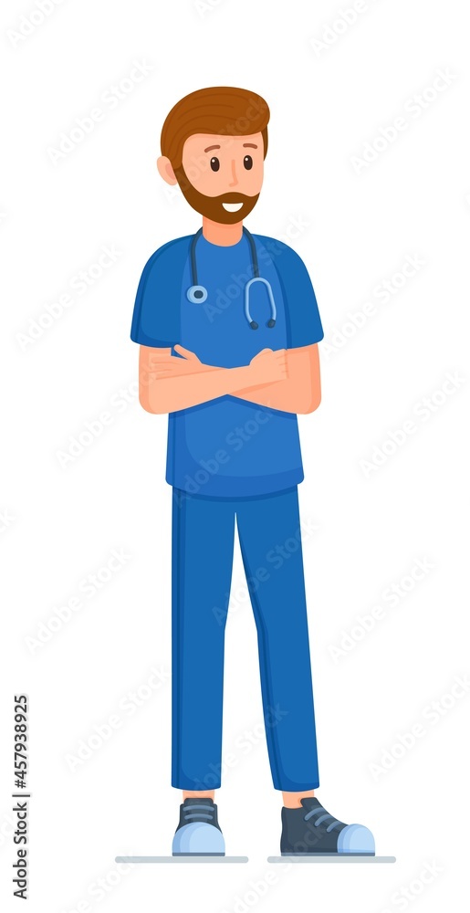 Vector illustration of a doctor standing at full height. Man isolated on white background. Chief physician. Preparing for surgery. Pediatrician, surgeon. Vector illustration of a doctor standing at full height. Man isolated on white background. Chief physician. Preparing for surgery. Pediatrician, surgeon.