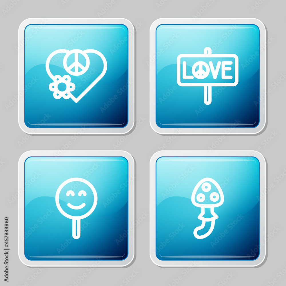 Set line Love peace, Peace, Smile face and Psilocybin mushroom icon. Vector