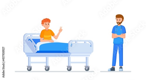 Vector illustration of a doctor's appointment. A doctor checking the patient's condition. After surgery. IV. Improvement.  