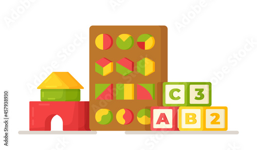 Vector illustration of educational toys. Educational games for letters, memory, geometry, music, numbers, etc. Toys for kindergarten. 