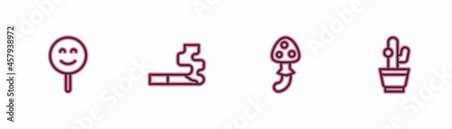 Set line Smile face, Psilocybin mushroom, Cigarette and Cactus icon. Vector