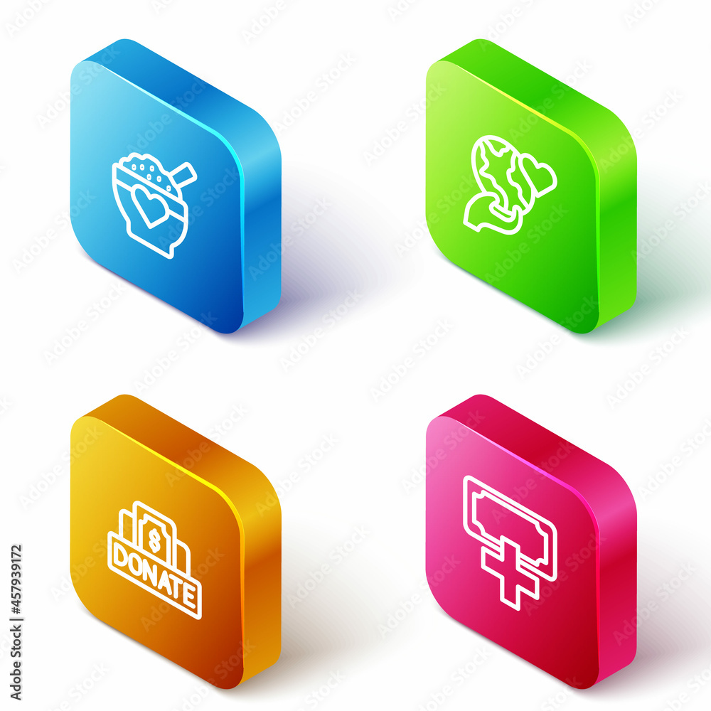 Set Isometric line Donation food, Hand holding Earth globe, charity and icon. Vector Set Isometric line Donation food, Hand holding Earth globe, charity and icon. Vector