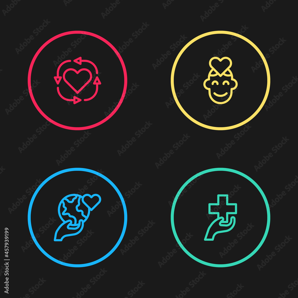 Set line Hand holding Earth globe, Heart with cross, Volunteer and icon. Vector