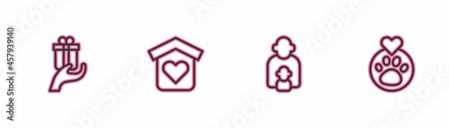 Set line Give gift, Taking care of children, Shelter for homeless and Heart with animals footprint icon. Vector