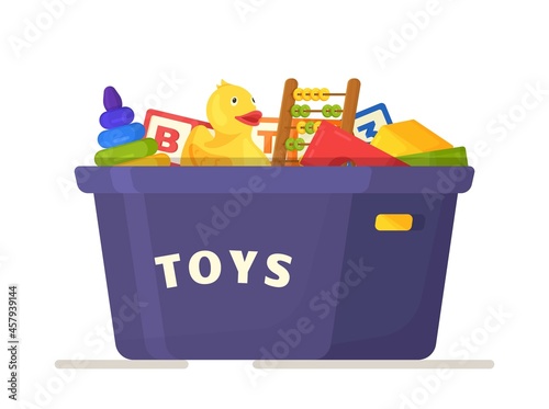 Vector illustration of toys box. Blue box with different toys for children isolated on white background. Cleaning in the children's room. Developmental games. 